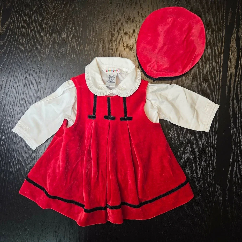 Vintage 1998 Gymboree Red Velvet Dress Set Beret Hat Blouse Infant 6-12 Months